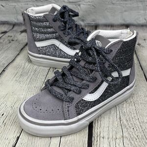 Vans SK8-Hi Top Zip Glitter Silver Sneakers Kids Size 11 Back Zipper Closure